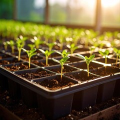 Early stage seedlings growing in nursery tray with vibrant green leaves and soil