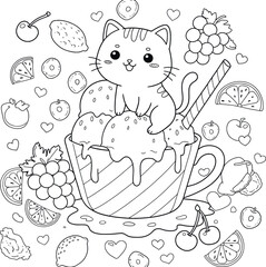 A kawaii coloring page of a happy cartoon cat sitting on a giant melting ice cream cup. The background is filled with scattered grapes, slices of green lemon, hearts, and small cherries. 
