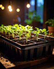 Young green seedlings sprouting in indoor planter illuminated by grow lights