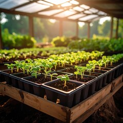 Greenhouse nursery with young seedling plants growing in trays under sunlight