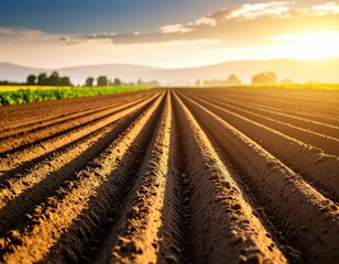 Vast Agricultural Field with Furrows Extending Toward a Sunset Sky and Distant Hills