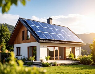 Modern house with solar panels installed on roof in sunny rural countryside setting