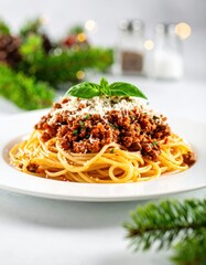 Delicious spaghetti with rich meat sauce topped with cheese fresh basil and parsley