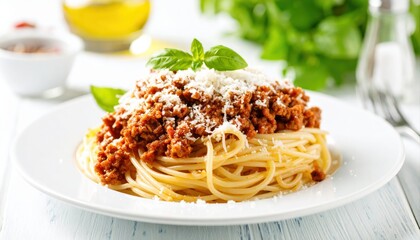 Delicious Spaghetti with Rich Meat Sauce Garnished with Fresh Basil and Parmesan