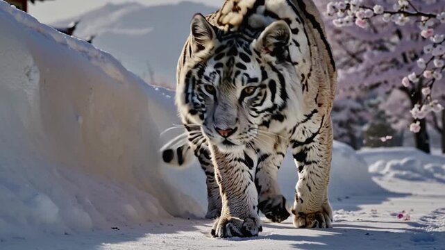 A majestic tiger strides gracefully through a snow-blanketed landscape, while sharp amber eyes gaze intently forward and delicate cherry blossom petals drift downward