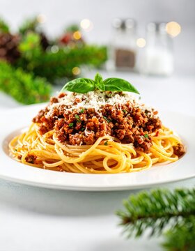 Delicious spaghetti with rich meat sauce topped with cheese fresh basil and parsley