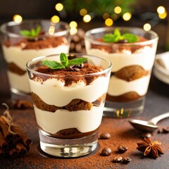 Chocolate tiramisu dessert served in glass cups with mint garnish and festive background