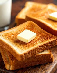 Toasted bread slices with melting butter on a wooden surface perfect for breakfast