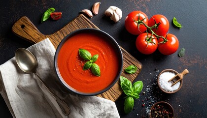 Fresh Tomato Soup in Bowl with Basil Garnish and Raw Tomatoes on Dark Surface