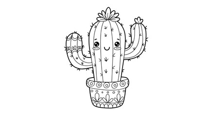 Adorable kawaii cactus illustration with flower in a decorated pot, perfect for children's designs and botanical themes