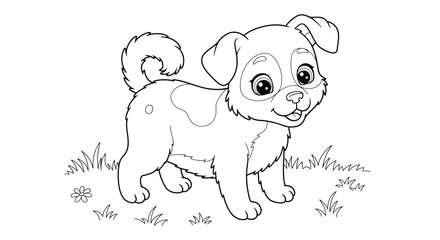 Adorable puppy with a spotted coat standing in a grassy field, cartoon illustration for kids and animal lovers