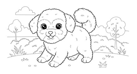 Adorable fluffy puppy in a vibrant outdoor scene coloring page for creative and relaxing pastime activity
