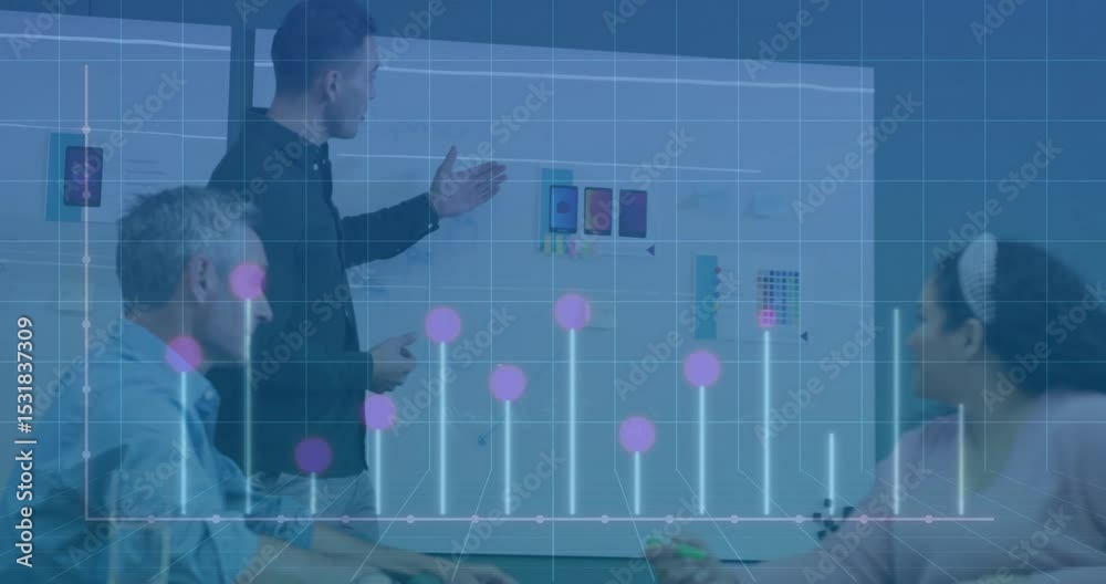 Poster presenter pointing at sketch and initiating tech chart overlay showing goals during design meeting