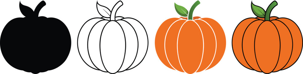 Halloween pumpkin outline vector illustration, silhouette and colorful flat design