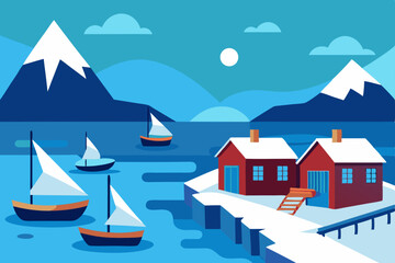 winter landscape with houses and mountains