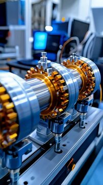 Automated machine part on a test bench. Industrial setting shows detail of precision manufacturing process for technology.