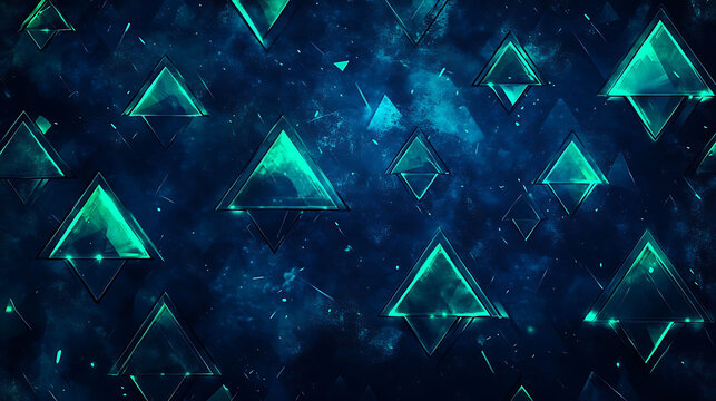 A dark, brushed blue backdrop filled with glowing emerald triangles, integrated with sharp-edged image placeholders and a touch of depth blur