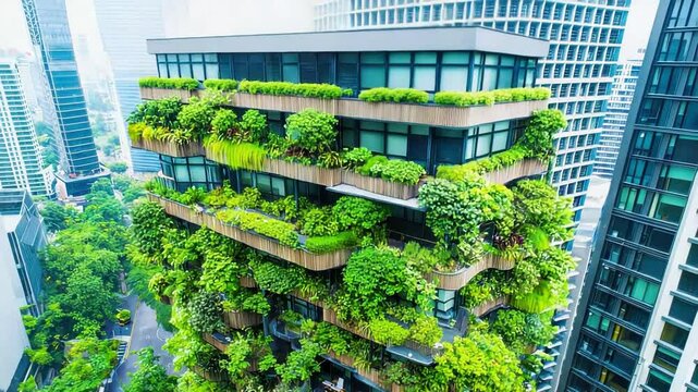Vertical urban garden architecture with lush plants on modern building facade
