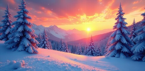 Sunset paints snowy pines, fresh snow falls softly , icy, scenic, beautiful