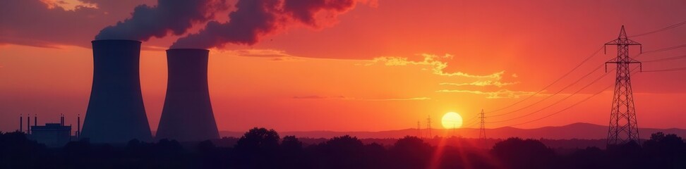 Sunset silhouettes nuclear plant & high voltage tower, electrical grid, nuclear energy
