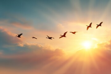 Silhouette Birds Flying Sunset Sky