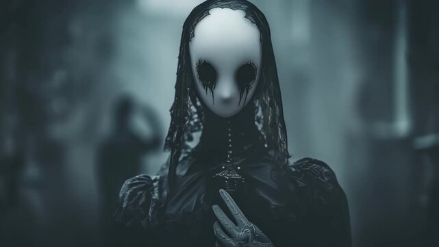 Mysterious gothic horror doll wearing black veil and dress, holding a small bottle, waves a finger in a misty cemetery at night, with blurred figures in the background