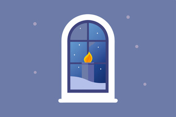 frosted window with candle and snow outside  .svg