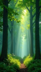 Towering beeches draped in mist, vibrant green canopy, summer sunlight filtering through , nature, lush, environmental