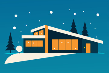 mid century house with twinkling lights in snow  .svg
