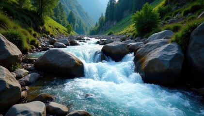 Turbulent mountain stream cascades down rocky slopes, travel, mountain, energy