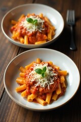 Two plates pasta, rich tomato sauce, creamy cheese , tasty, dinner, yum