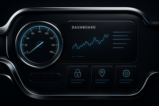 Futuristic digital dashboard UI with modern blue data visualization and speedometer display