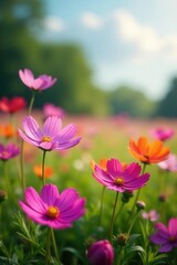 Vibrant cosmos flowers bloom in a spring meadow , petals, countryside
