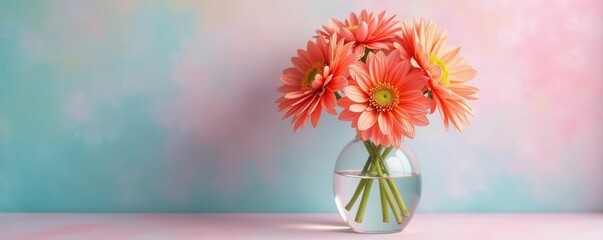Vibrant dahlia bouquet in glass vase, pastel backdrop , wall, still life