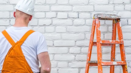 Painter with Ladder Ready to Work on Brick Wall