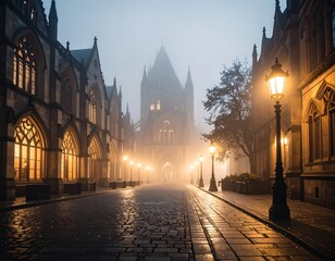 Obraz premium Foggy, ancient street at night