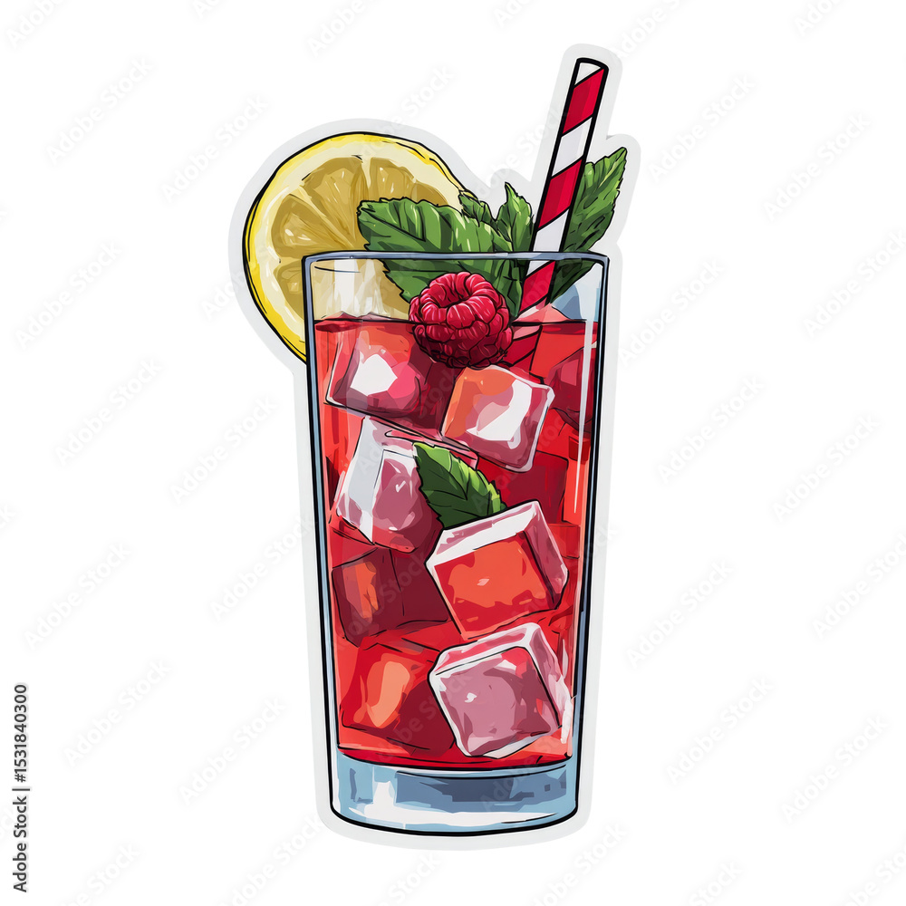 Poster raspberry lemonade refresher with ice cubes and fresh mint illustration