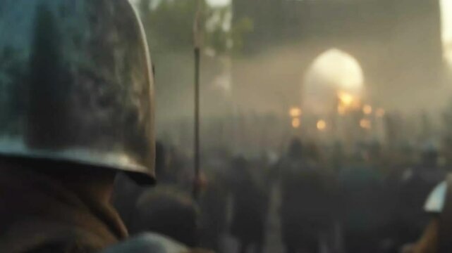 Large medieval army with spears and shields marching towards castle gate at dawn, seen from different perspectives, creating a sense of impending battle