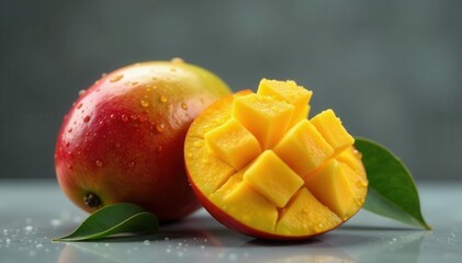 Water droplets cling to a ripe mango's skin, glistening against a gray backdrop , image, summer