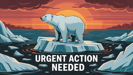 Digital Illustration of Polar Bear on Melting Iceberg at Sunset with "Urgent Action Needed" Text Highlighting Climate Crisis