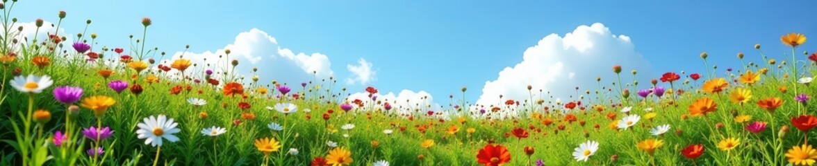 Wildflower hillside, vibrant blooms under azure sky, vista, outdoor, texture