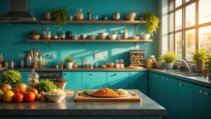 Well-Designed Modern Kitchen with Fresh Vegetables and Fruits on a Wooden Table Under Warm Sunshine
