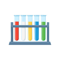 Colorful test tubes filled with liquids, displayed on a gray stand.