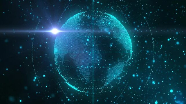 Glowing point cloud globe appearing then rotating rightward with rings and particles for display