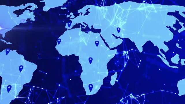 Deep blue glow initiating map fading pins dropping, nodes linking showing global connectivity