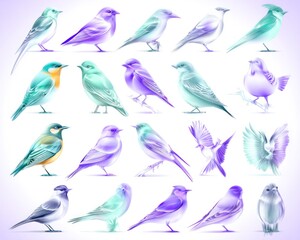 Fototapeta premium Collection of various stylized birds in pastel colors