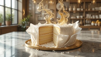 Deliciously Layered Yellow Cake with Cream Frosting and Inviting Aromas on a Decorative Plate in a Cozy Kitchen