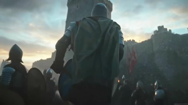 Armor clad medieval soldiers marching toward stone fortress at sunrise, battle ready warriors carrying waving flags, embodying historical military strength and dramatic conflict