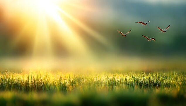 Sunrise Meadow With Birds Flying