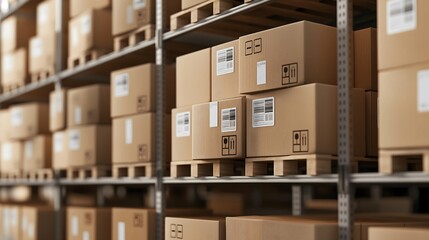 Stacked cardboard boxes labeled with inventory barcodes on industrial warehouse shelves, organized for shipment and distribution.